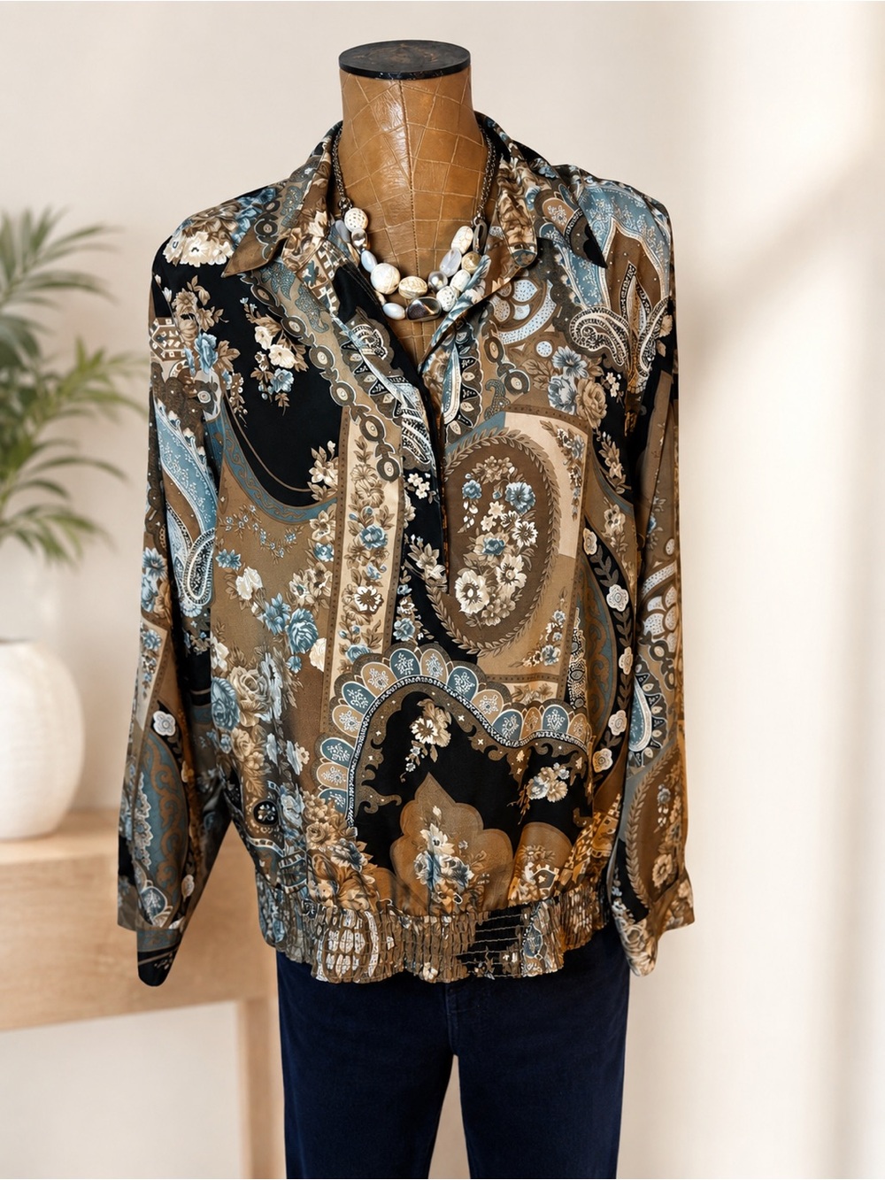 Alfred Dunner Vintage Style Paisley Floral Blouse Size 14 Smocked Hem